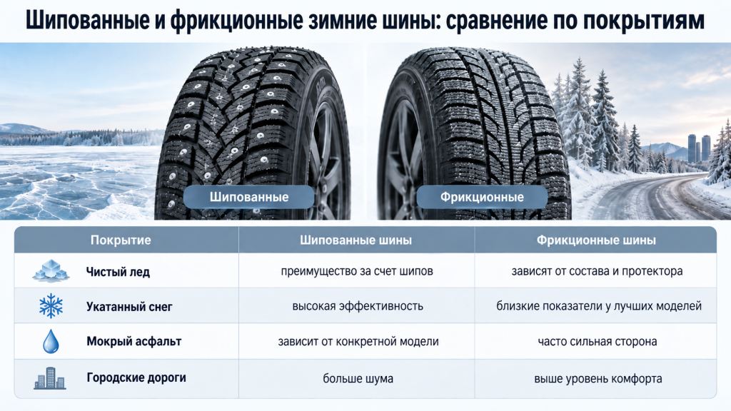 Сравнение фрикционных и шипованных шин